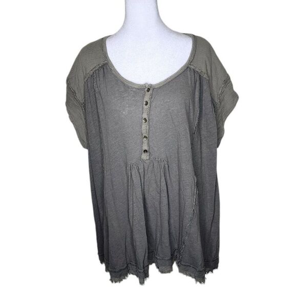 Free People Cap Sleeve Oversized Flowy Boho Top Womens Size L Olive Green - Picture 1 of 9